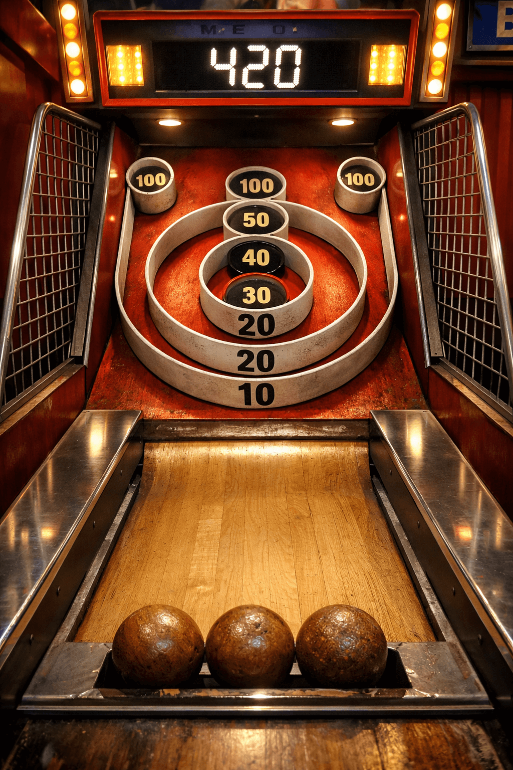 Vue première personne du jeu Arcade Bar montrant la piste de skee-ball avec les cibles